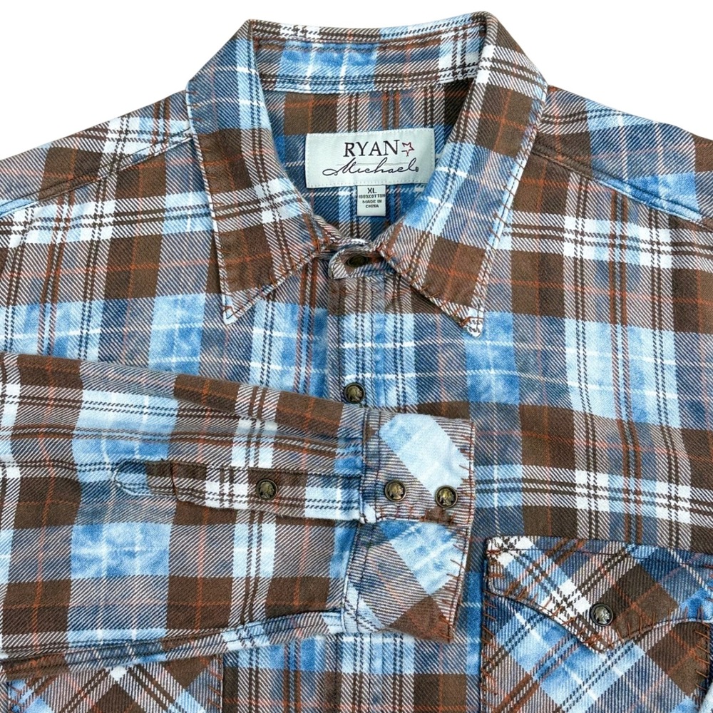 Ryan Michael Plaid Western Snap Shirt Mens XL Brown/Blue Brass Warrior Snaps
